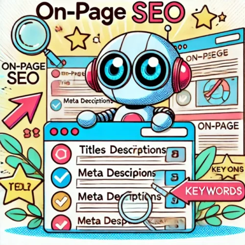 DALL·E 2024-11-05 19.51.19 - A playful manga-style image representing on-page SEO, featuring a cute robot character with big expressive eyes adjusting elements on a website page,