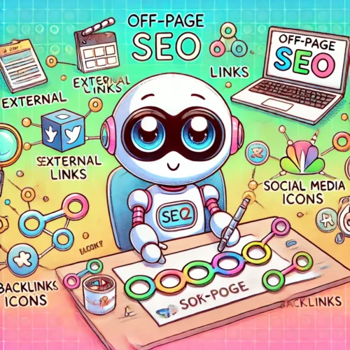 DALL·E 2024-11-05 19.56.11 - A playful manga-style image representing off-page SEO, featuring a cute robot character with big expressive eyes working with links and networking ico