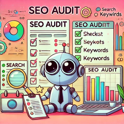 DALL·E 2024-11-05 19.56.16 - A playful manga-style image representing an SEO audit, featuring a cute robot character with big eyes analyzing a website. The scene includes checklis