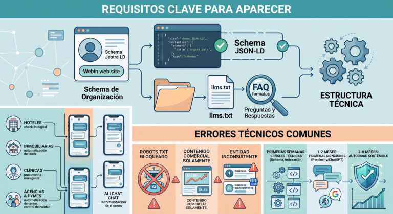Cómo aparecer en ChatGPT como empresa: guía práctica (GEO paso a paso) 3 Infografía dividida que muestra los requisitos técnicos para GEO (Schema, llms.txt, FAQ) frente a errores comunes (robots.txt bloqueado, contenido comercial, entidad inconsistente).