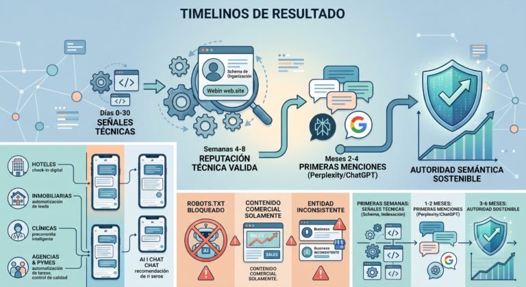 Cómo aparecer en ChatGPT como empresa: guía práctica (GEO paso a paso) 9 Diagrama de línea de tiempo que ilustra el progreso de los resultados de GEO: 0-30 días (Señales Técnicas), 4-8 semanas (Reputación Técnica Válida), 2-4 meses (Primeras Menciones), 4-6+ meses (Autoridad Semántica Sostenible).