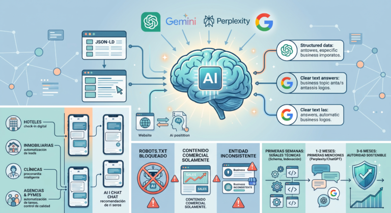 Cómo aparecer en ChatGPT como empresa: guía práctica (GEO paso a paso) 2 Ilustración digital de datos web estructurados fluyendo hacia un cerebro de IA para generar recomendaciones de marca en ChatGPT, Gemini y Perplexity.
